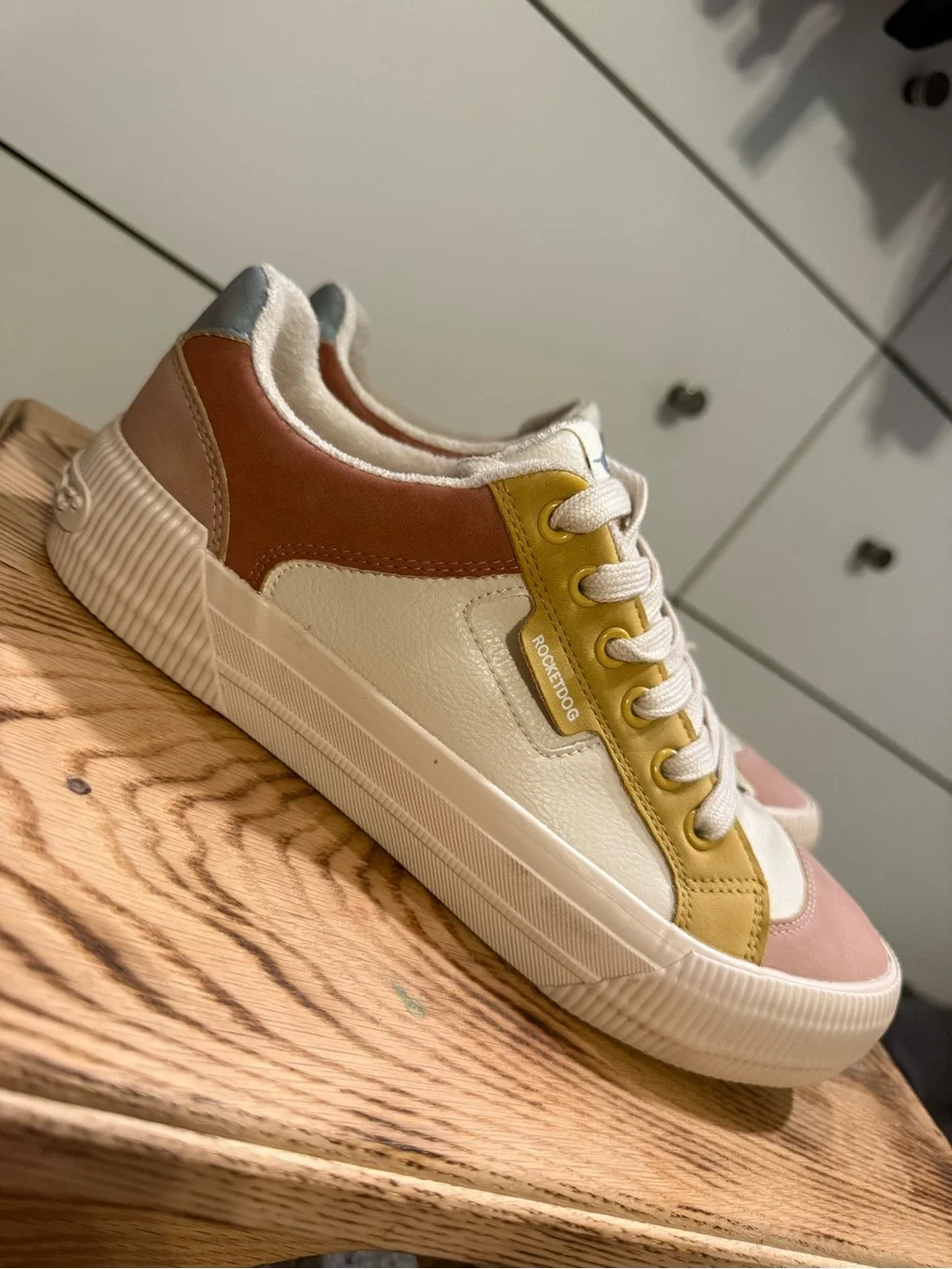 Rocket Dog Cream Sneakers with Pink, Mustard and Brown Panels